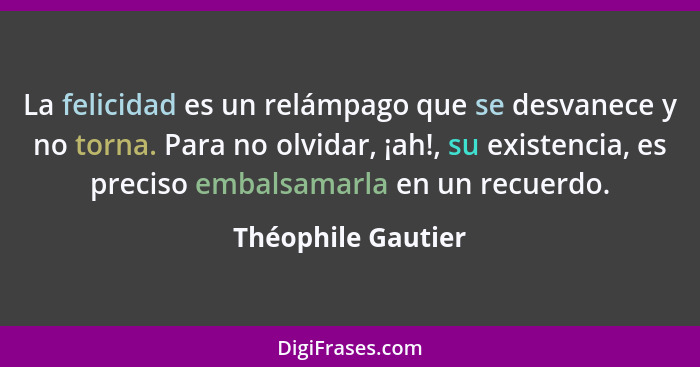 La felicidad es un relámpago que se desvanece y no torna. Para no olvidar, ¡ah!, su existencia, es preciso embalsamarla en un recu... - Théophile Gautier