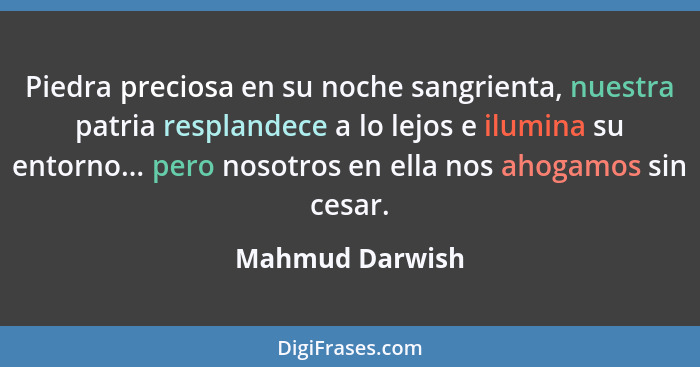 Piedra preciosa en su noche sangrienta, nuestra patria resplandece a lo lejos e ilumina su entorno... pero nosotros en ella nos ahoga... - Mahmud Darwish