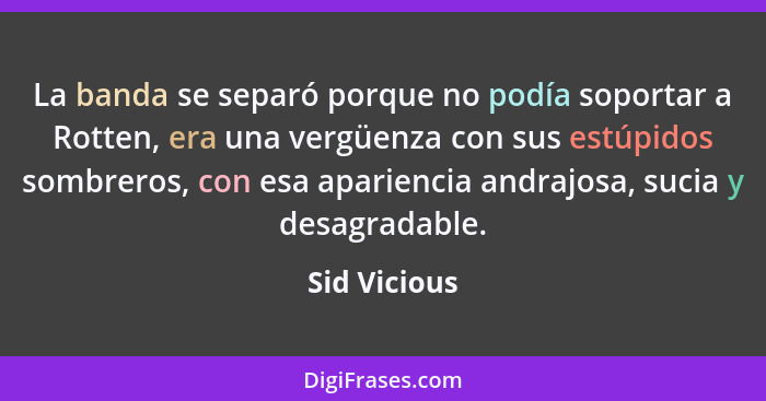 La banda se separó porque no podía soportar a Rotten, era una vergüenza con sus estúpidos sombreros, con esa apariencia andrajosa, sucia... - Sid Vicious