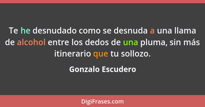 Te he desnudado como se desnuda a una llama de alcohol entre los dedos de una pluma, sin más itinerario que tu sollozo.... - Gonzalo Escudero