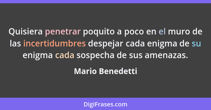 Quisiera penetrar poquito a poco en el muro de las incertidumbres despejar cada enigma de su enigma cada sospecha de sus amenazas.... - Mario Benedetti