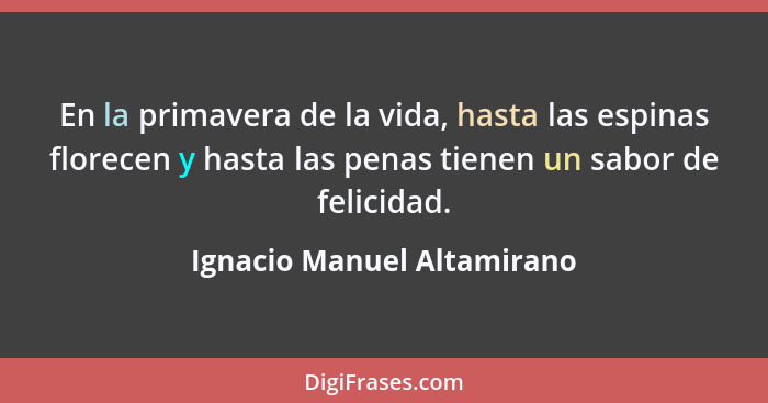 En la primavera de la vida, hasta las espinas florecen y hasta las penas tienen un sabor de felicidad.... - Ignacio Manuel Altamirano