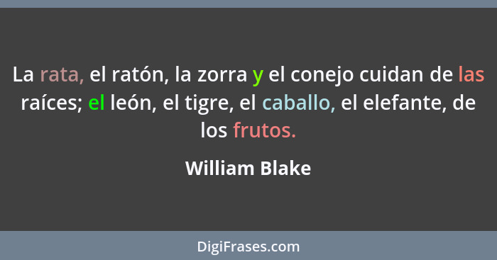 La rata, el ratón, la zorra y el conejo cuidan de las raíces; el león, el tigre, el caballo, el elefante, de los frutos.... - William Blake